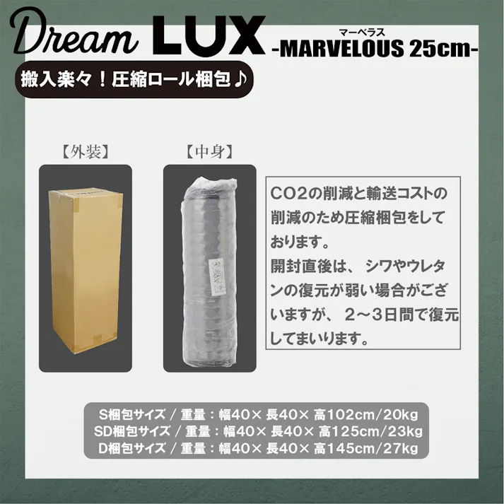 後藤家具物産 ドリームラックス マーベラス SDサイズノンコイル圧縮ロールマットレス セミダブルサイズ 厚み25cm 1200×1950×250 ノンコイルマットレス ベットマットレス 高反発ウレタン コイル無し PIM-DLUX-MBRS-SD【別送品】