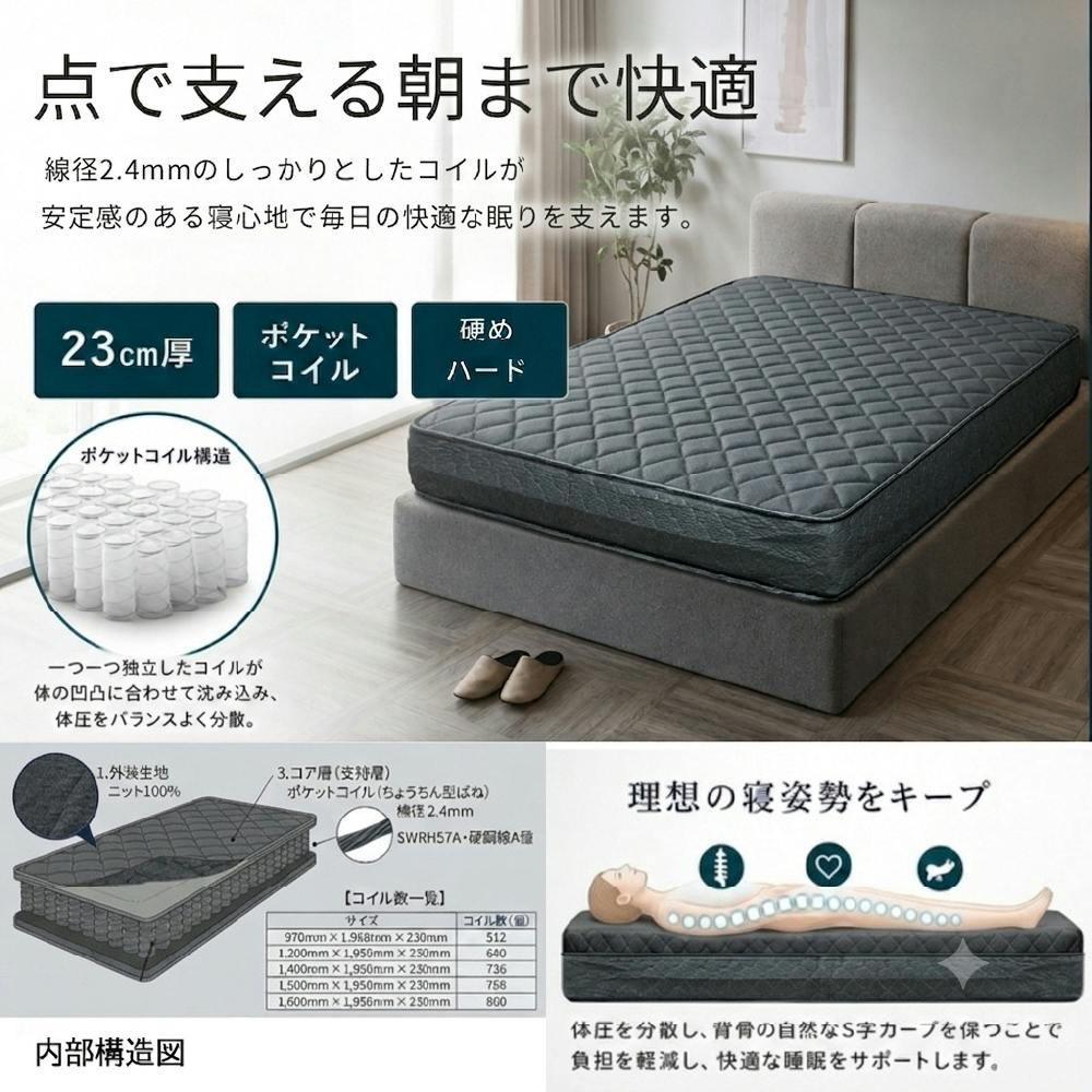 圧縮ポケットコイルマットレス かため極み セミダブル SD グレー 1200