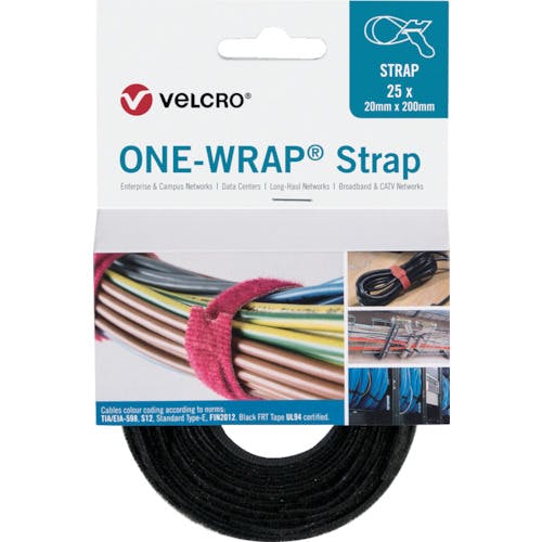 Ｖｅｌｃｒｏ　Ｅｕｒｏｐｅ社 ヴェルクロ［［Ｒ上］］　ＯＮＥ－ＷＲＡＰ［［Ｒ上］］　ストラップ　幅１３ｍｍ×長さ２００ｍｍ　黒　難燃性タイプ　（２５本１巻き） ケーブルタイ（ファスナータイプ）