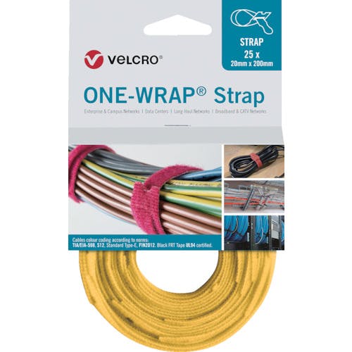 Ｖｅｌｃｒｏ　Ｅｕｒｏｐｅ社 ヴェルクロ［［Ｒ上］］　ＯＮＥ－ＷＲＡＰ［［Ｒ上］］　ストラップ　幅１３ｍｍ×長さ２００ｍｍ　黄　（２５本１巻き） VEL-OW6 ケーブルタイ（ファスナータイプ）
