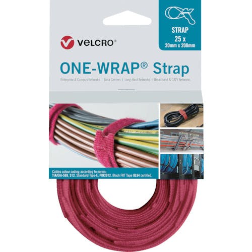 Ｖｅｌｃｒｏ　Ｅｕｒｏｐｅ社 ヴェルクロ［［Ｒ上］］　ＯＮＥ－ＷＲＡＰ［［Ｒ上］］　ストラップ　幅２５ｍｍ×長さ３００ｍｍ　赤　（２５本１巻き） VEL-OW6 ケーブルタイ（ファスナータイプ）