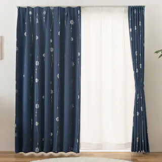 ユニベール 遮光1級 UVカット 遮熱 ミラー「4枚セットカーテン セラス ネイビー」100×135cm 4548654897295【別送品】