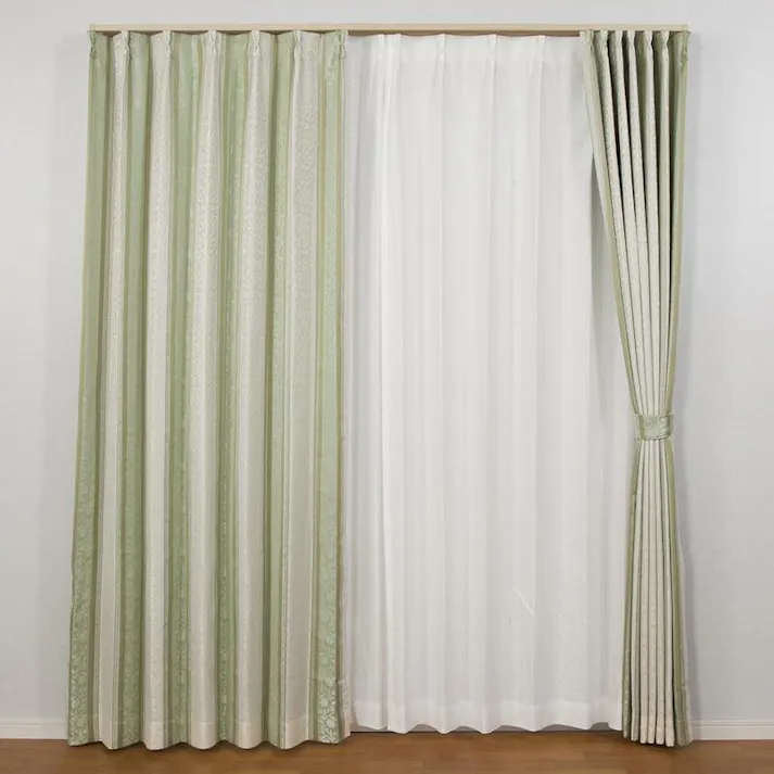 ユニベール 裏地付き 遮光3級「カーテン アングル グリーン」100×190cm 2枚 4548654592510【別送品】