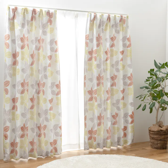 ユニベール 遮光2級「カーテン ブルーメン オレンジ」100×135cm 2枚 4548654888538【別送品】