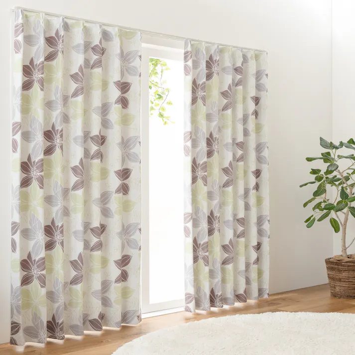 ユニベール 遮光2級「カーテン ブルーメン ブラウン」100×135cm 2枚 4548654896489【別送品】