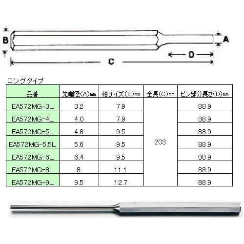 平行ピンポンチ(ロング) 5/16”(7.94mm)x203mm EA572MG-8L