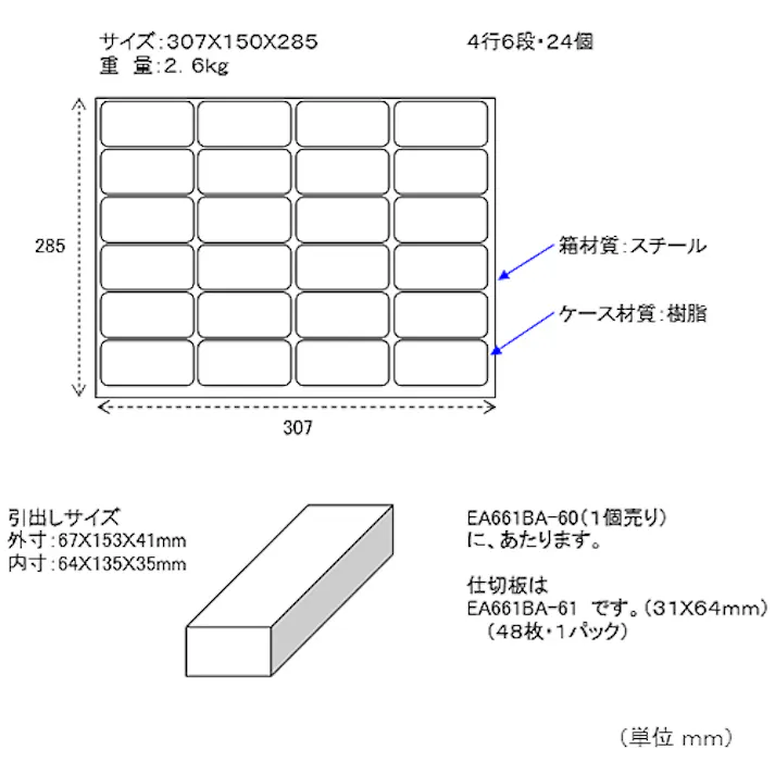 パーツキャビネット 307x150x285mm/4列 6段 EA661BC-1 4518340063617【別送品】