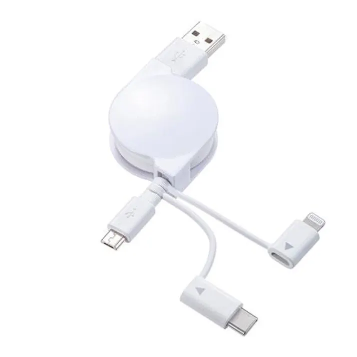 サンワサプライ 0.8m USB巻取ケーブル(A-マイクロB/C/ライトニング) オフィス用品、備品 4550061959602 EA764AJ-57(CDC)【別送品】
