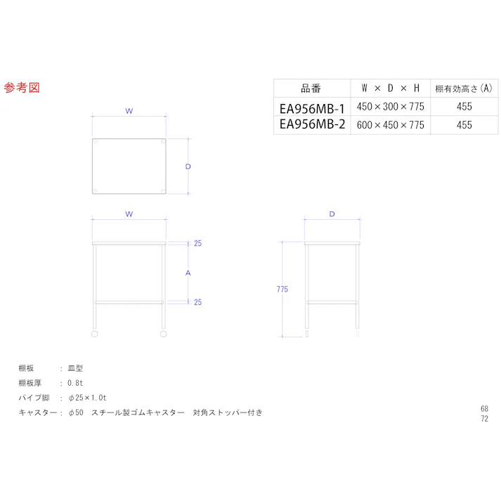 ESCO 600x450x775mm/13kg ワゴン(ステンレス製) オフィス家具 4548745438529 EA956MB-2(CDC)【別送品】