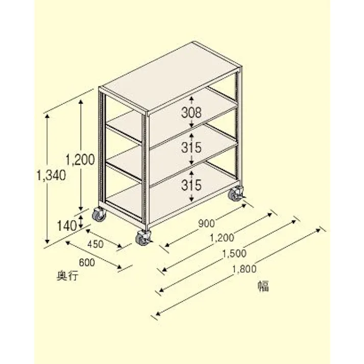 スチール棚/キャスター付 1800x600x1200mm/150kg/4段 EA976DS-180C 4518340258716【別送品】
