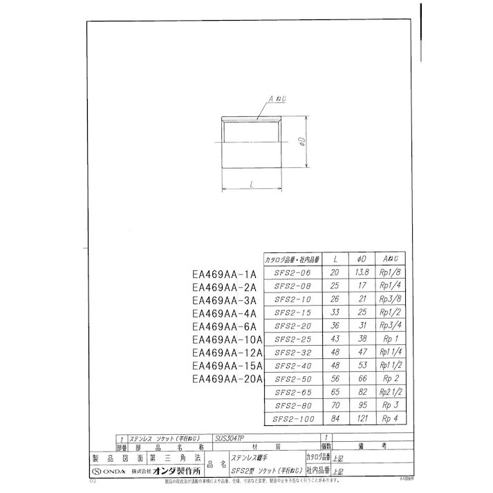 オンダ製作所 ソケット(ステンレス製) Rp3/8” EA469AA-3A 4548745967609【別送品】