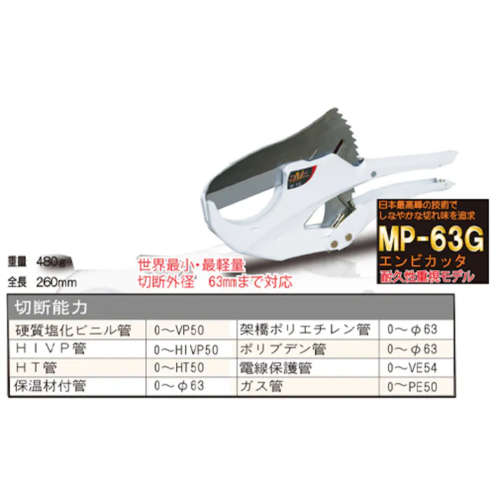 パイプカッター(塩ビ用/ラチェット式) φ63mm/260mm EA338AK-43 4550061576823【別送品】