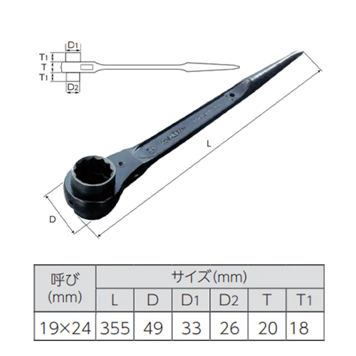 スーパーツール 両口ラチェットレンチ(シノ付) 19x24mm/355mm EA602AT-15 4518340178717【別送品】