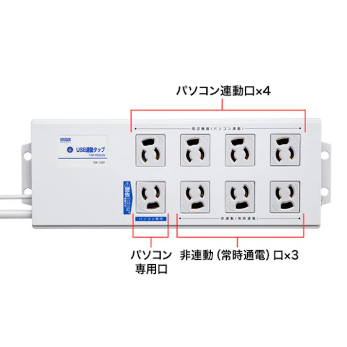 サンワサプライ USB連動タップ(8口/BOX型) 125V/15Ax2m EA815GM-389 4518340112193【別送品】