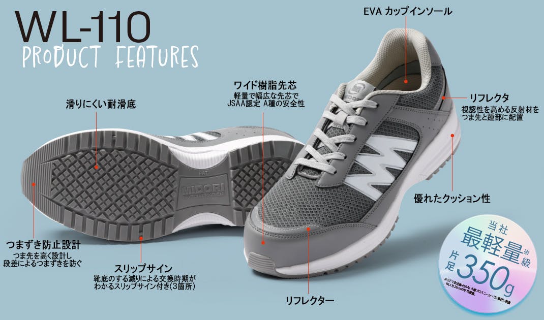 JSAA A種認定 超軽量耐滑スニーカー ひもタイプ WL-110 グレイ 24.5cm
