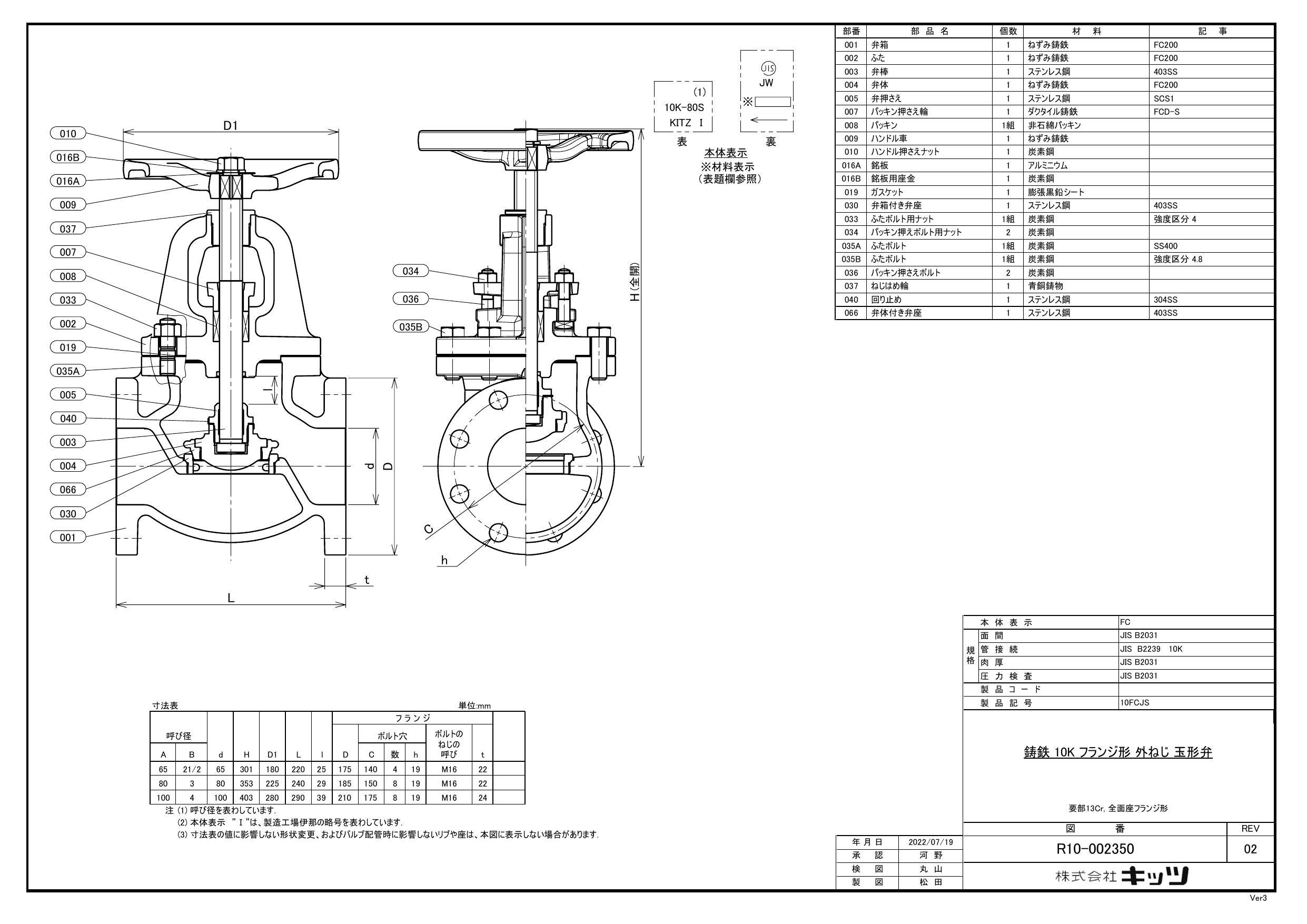 イシグロ キッツ 10FCJS FC要部13クロム グローブ弁【JIS】 80A 配管部材 FC(要部SUS)  00000002423(CDC)【別送品】