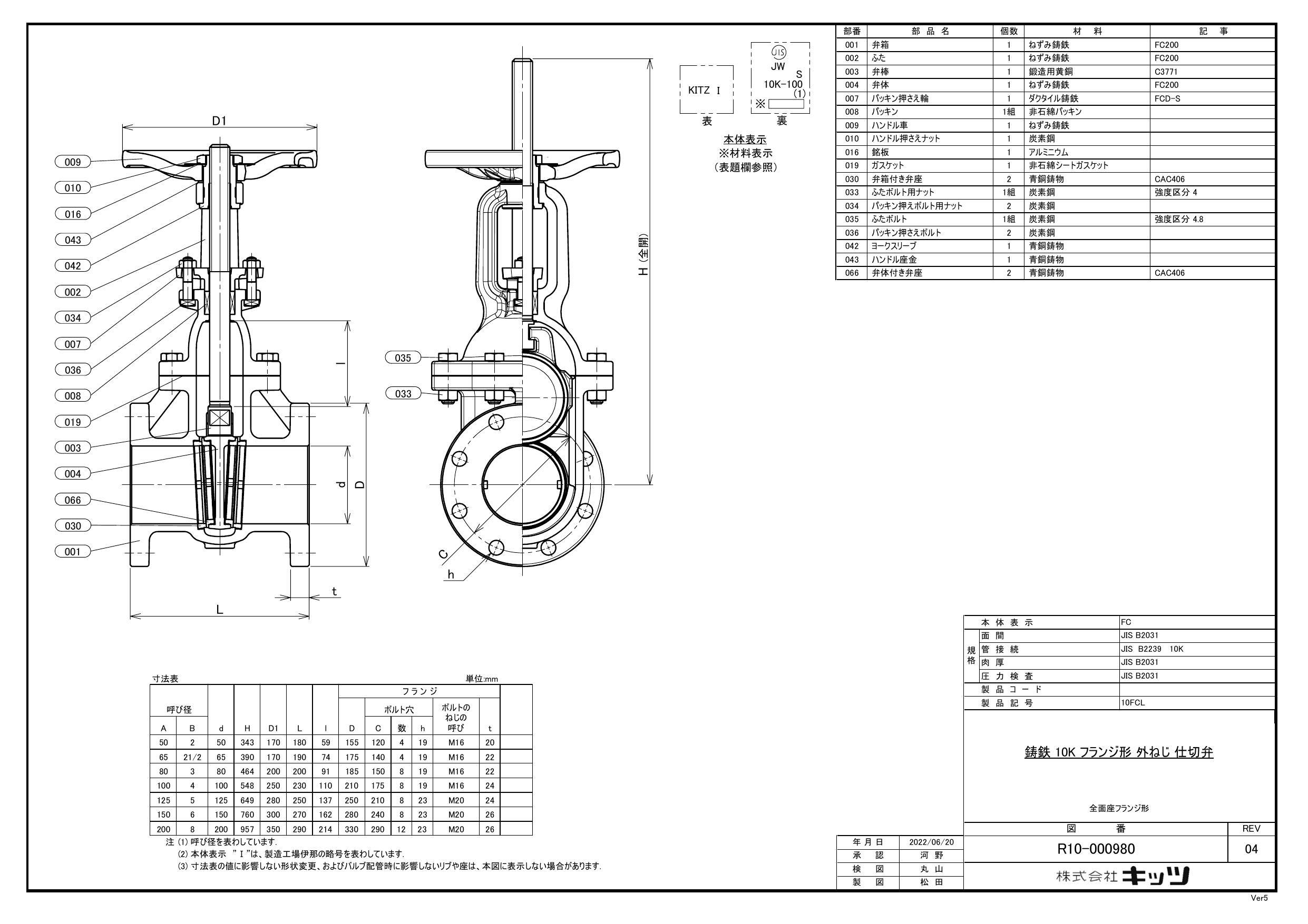 キッツ 10FCL FC要部CACゲート弁(JIS) 40A