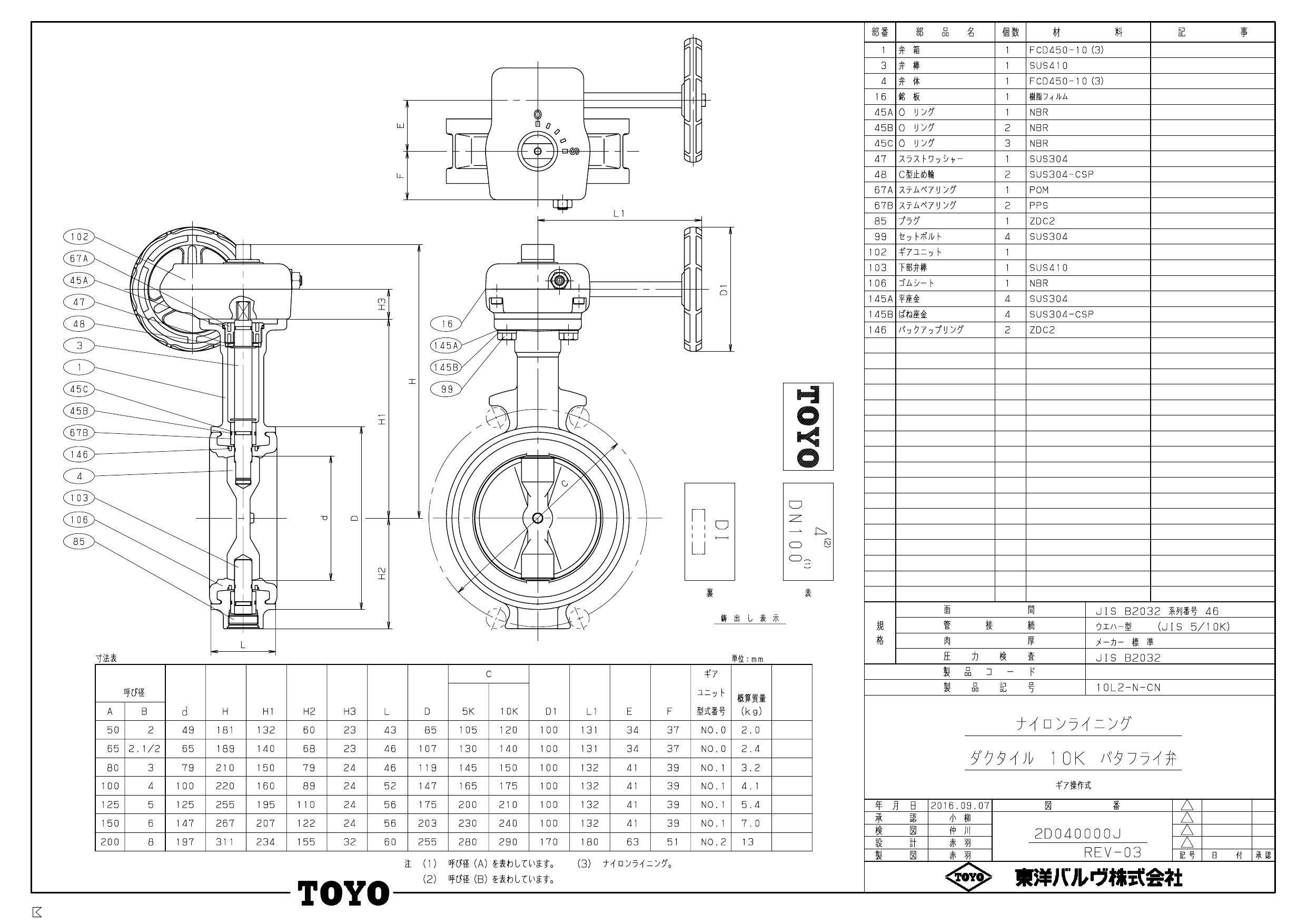 東洋バルヴ 10L2-N-CN FCDナイロンライニング/ナイロンライニング ギア式バタ弁 NBR 150A メーカー直送 代引不可 北海道沖縄離島不可 バルブを豊富に在庫｜10L2-N-U-CN ウォームギヤ式 10K型 球状黒鉛鋳鉄