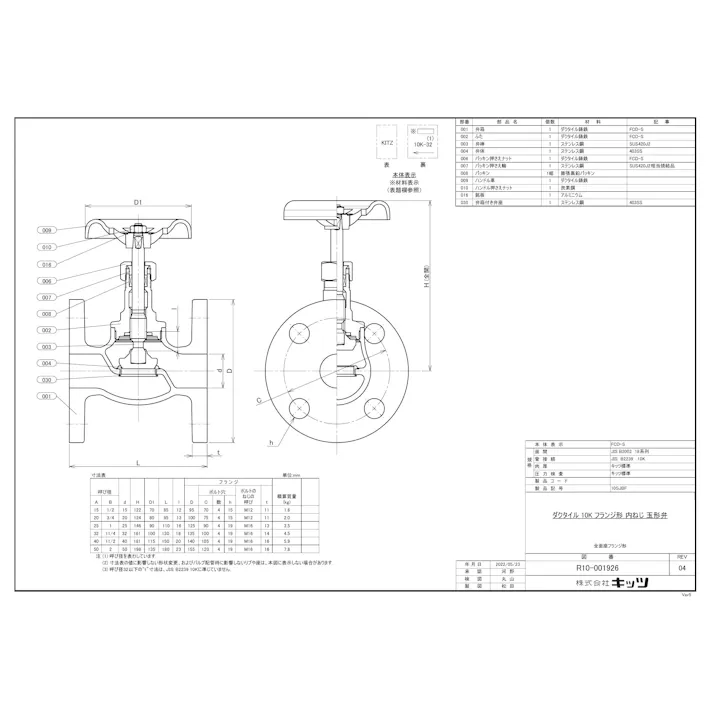 キッツ 10SJBF 20A 10SJBF FCDグローブ弁【フランジ】 20A 配管部材 FCD(一般品) 00000005083【別送品】