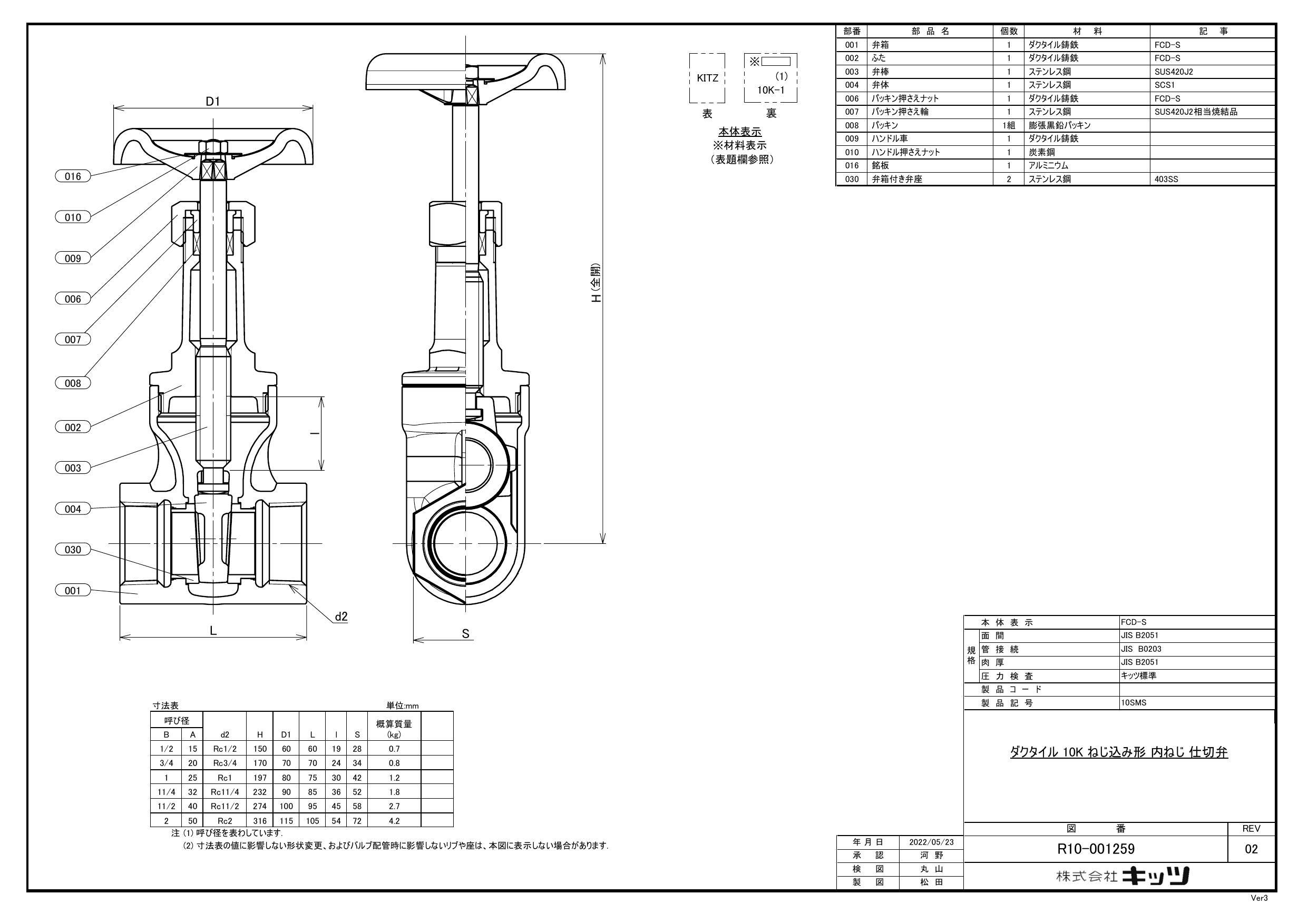 イシグロ キッツ 10SMS FCDゲート弁【JIS】 25A 配管部材 FCD(一般品