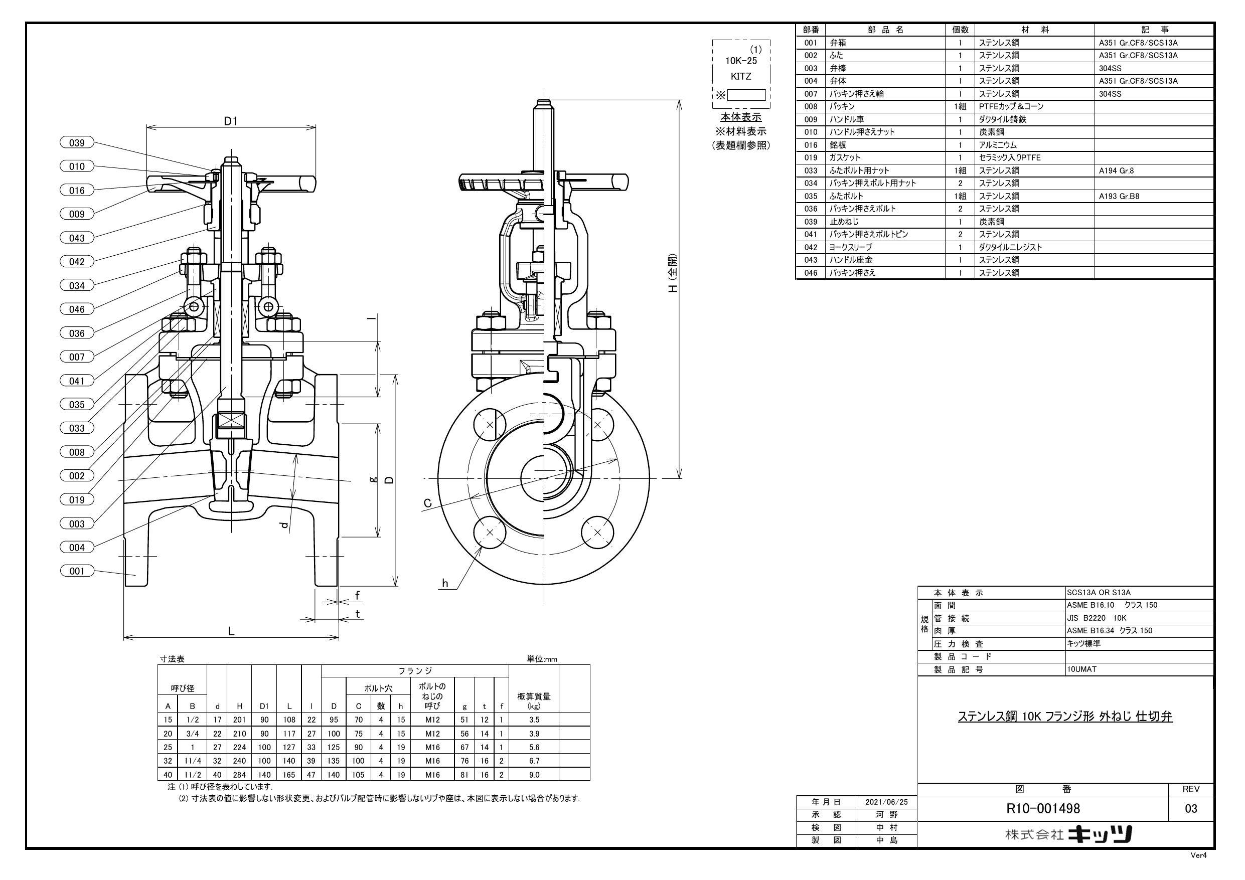 イシグロ キッツ 10UMAT SCS13A ゲート弁【フランジ・PTFEガスケット