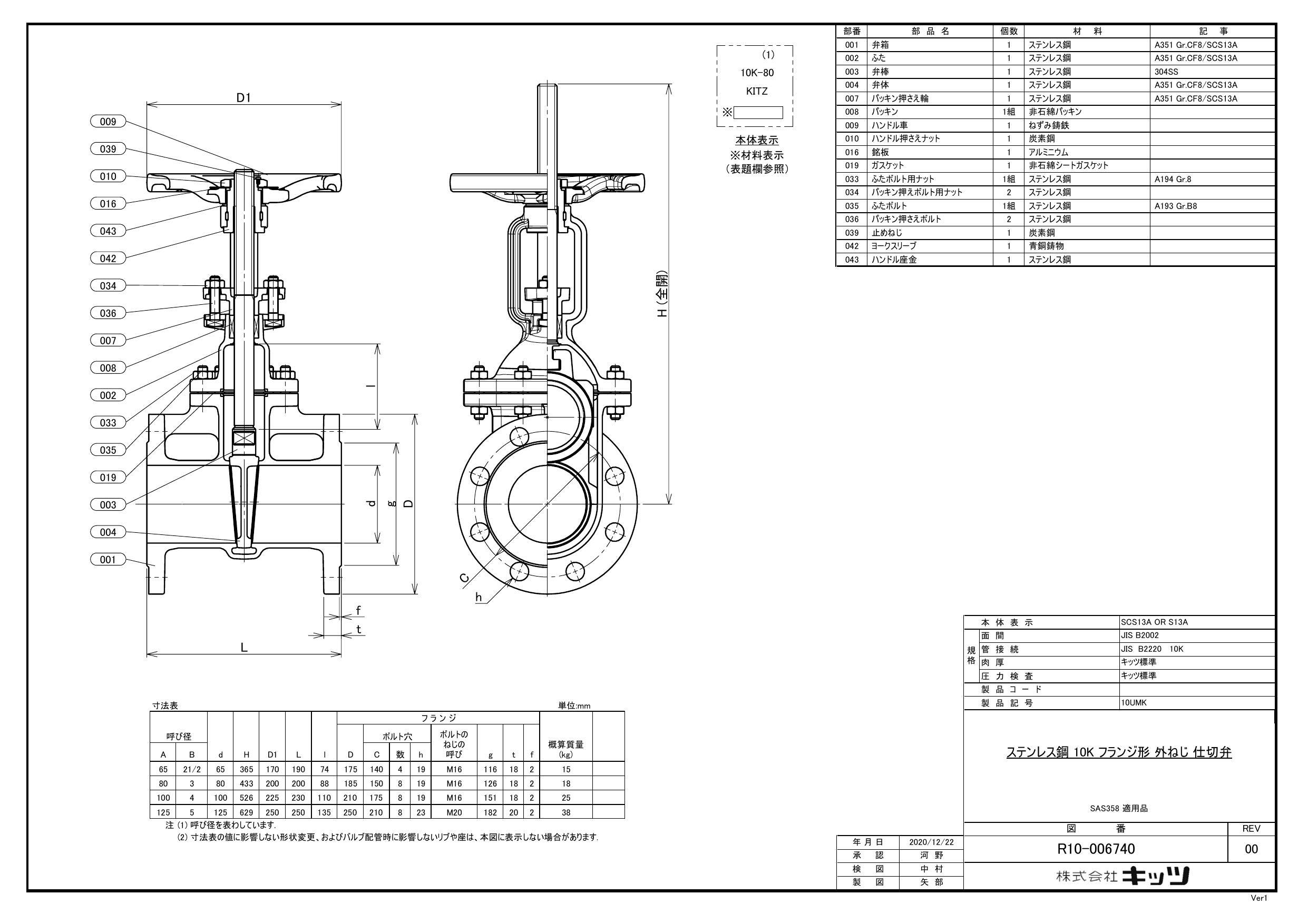 キッツ 10UMK 100A 10UMK SCS13A ゲート弁【フランジ】 100A 配管部材