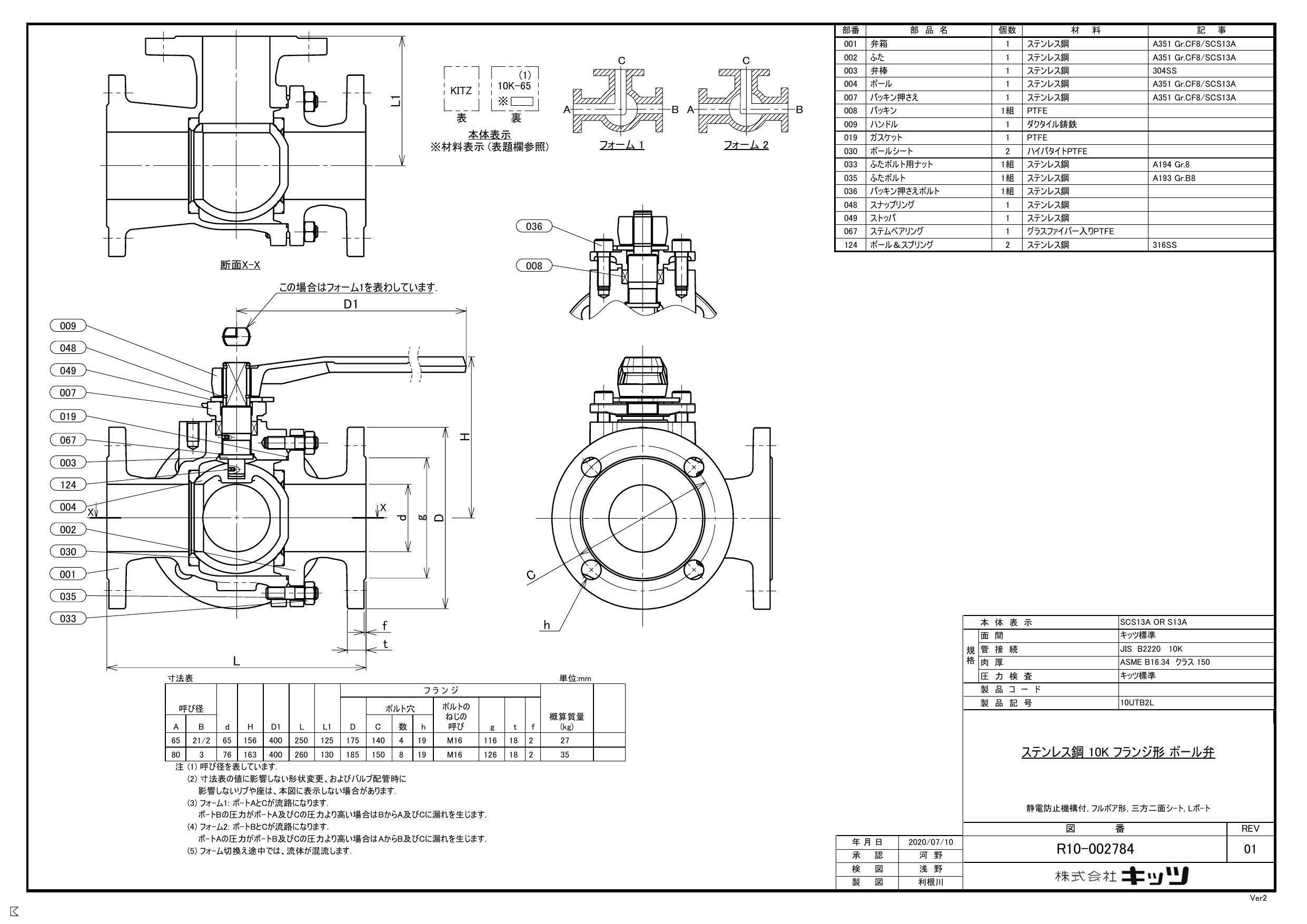キッツ 10UTB2L 80A 10UTB2L SCS13A 三方ボール弁【フランジ・3方2面シート・Lポート】 80A 配管部材 SUS ...