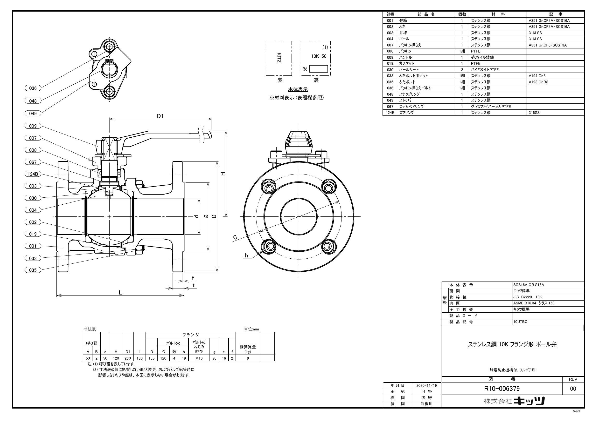 イシグロ キッツ 10UTBO SCS16A ボール弁【フランジ】 50A 配管部材