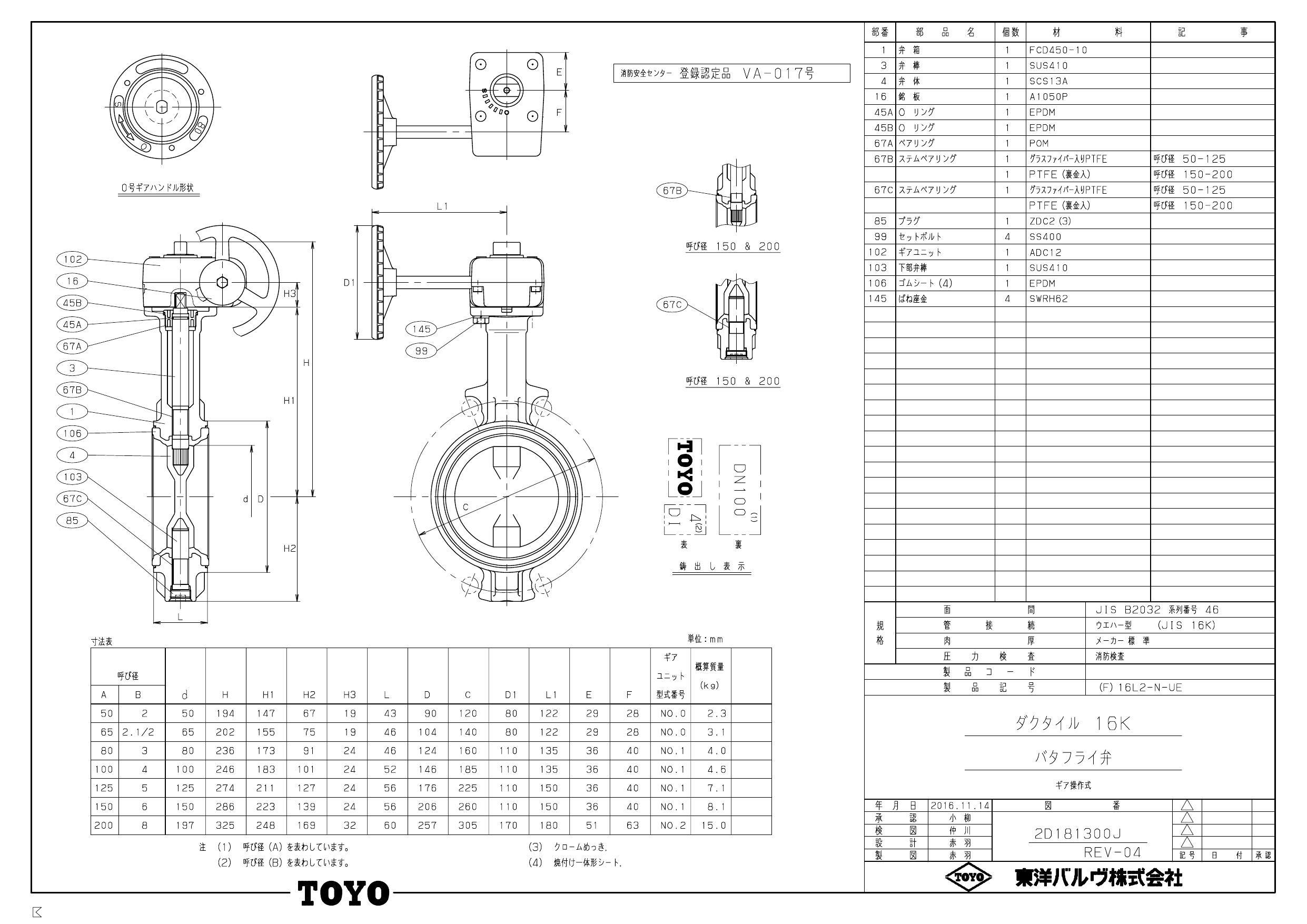 イシグロ 東洋バルヴ 16L2-N-UE FCD弁体SCSバタ弁 ギア式･消防評定/認定品･EPDM 100A 配管部材 バタフライ  ダクタイル(消防認定品) 00000010118【別送品】