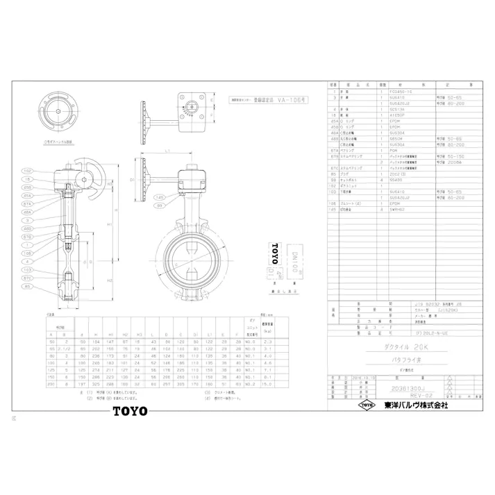東洋バルヴ 20L2-N-UE-ショウボウ 150A 20L2-N-UE FCD弁体SCSバタ弁【ギア式・消防認定品・EPDM】 150A 配管部材 バタフライ ダクタイル(消防認定品) 00000011651【別送品】