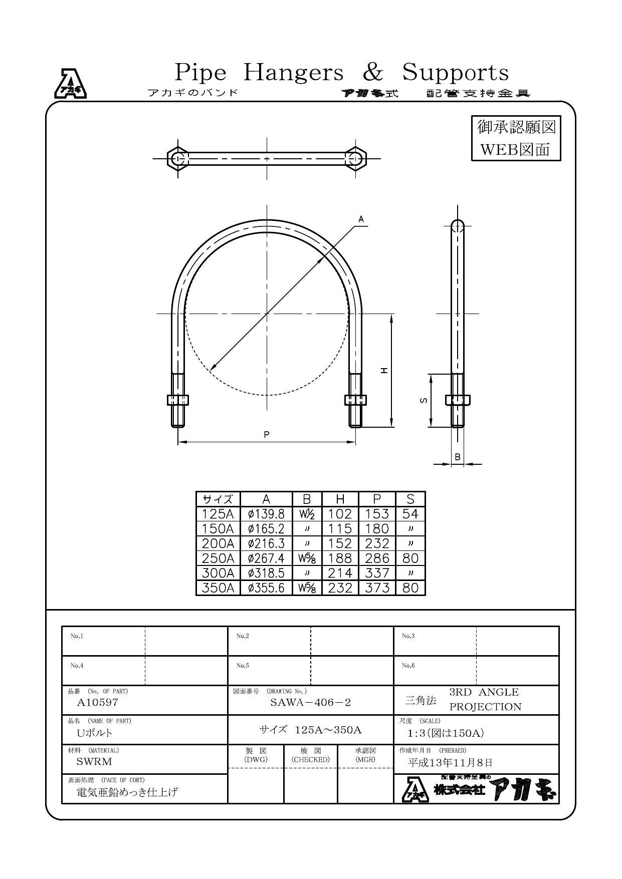 アカギ A10597 Uボルト (SGP管用) 125AX1/2 配管支持金具類 U字金具