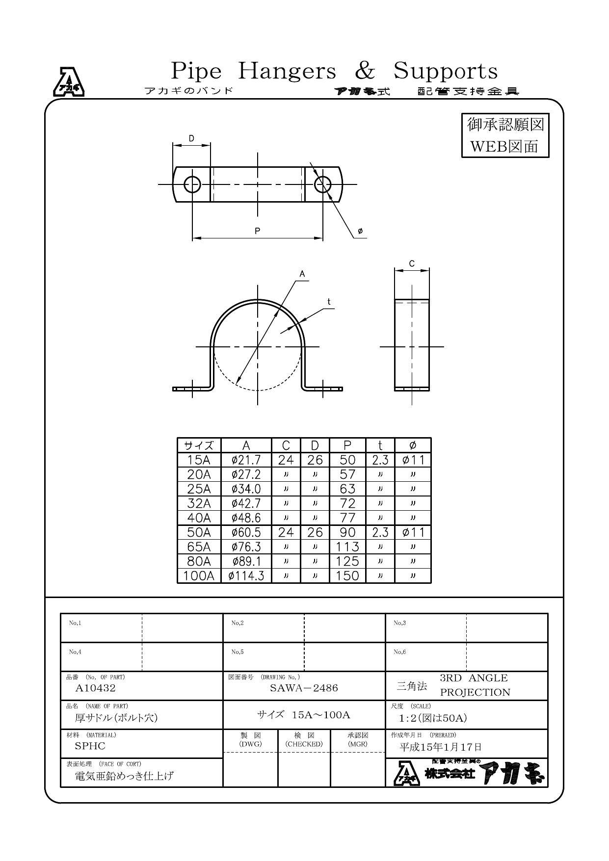アカギ A10432 厚サドルバンド (ボルト穴) 20A 配管支持金具類 サドル