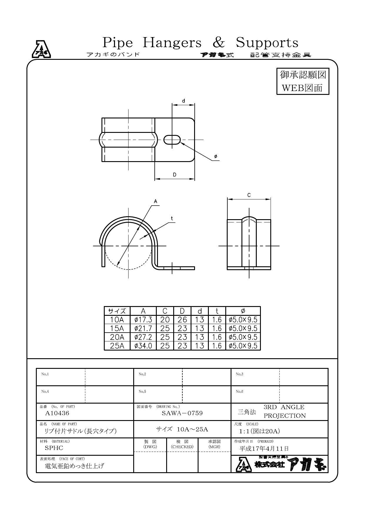 アカギ A10436 リブ付 片サドルバンド (長穴タイプ) 15A 配管支持金具