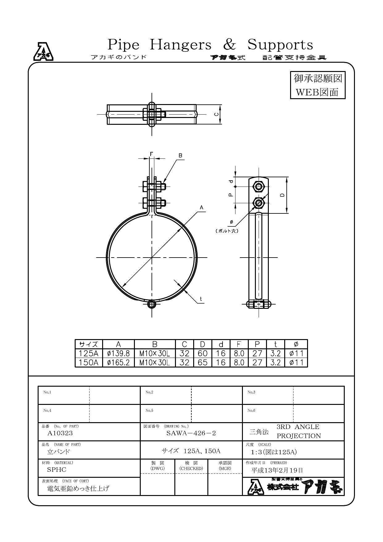 アカギ A10323 立バンド 125A 配管支持金具類 立配管金具 00000043387