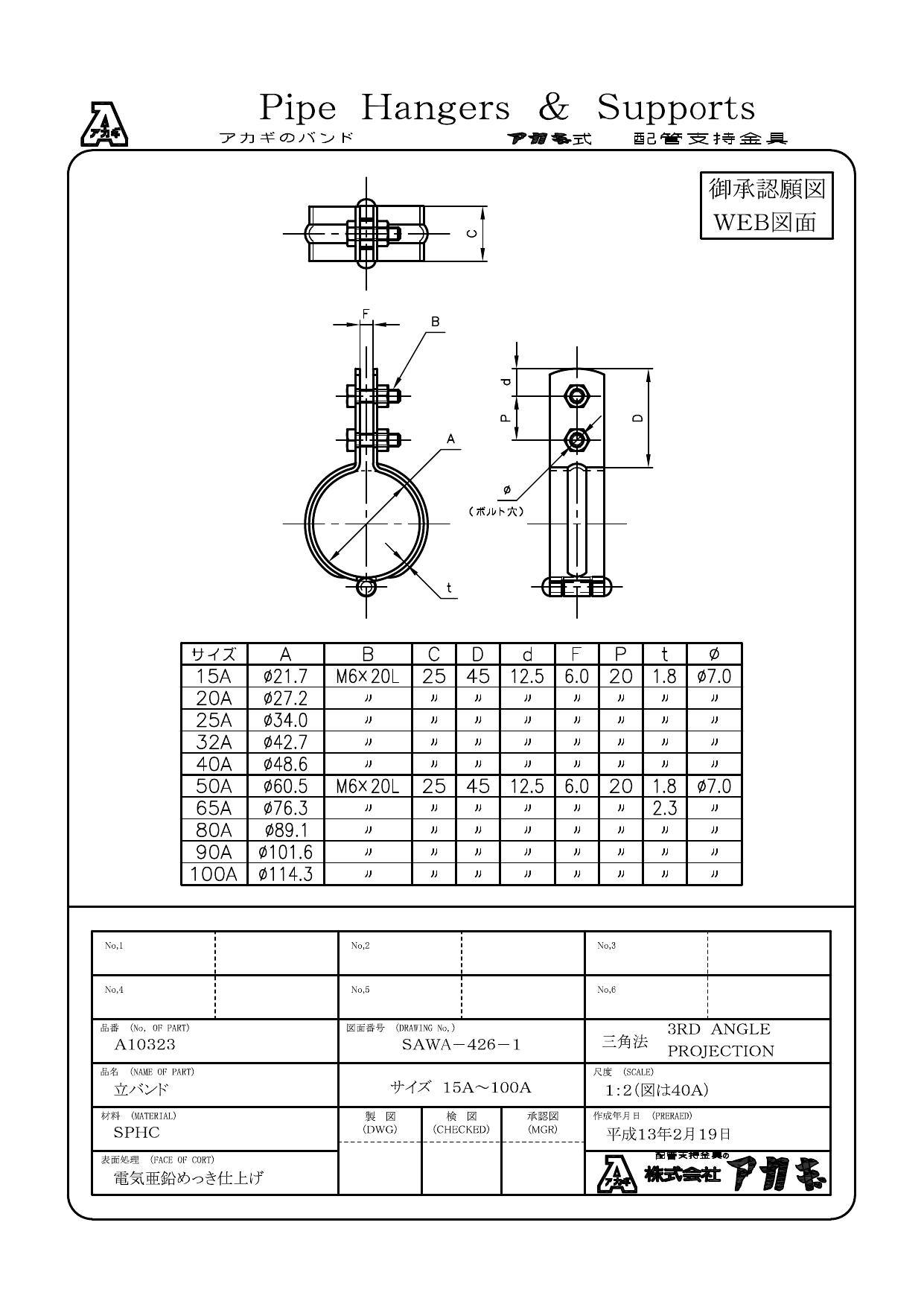 アカギ A10323 立バンド 65A 配管支持金具類 立配管金具 00000043401
