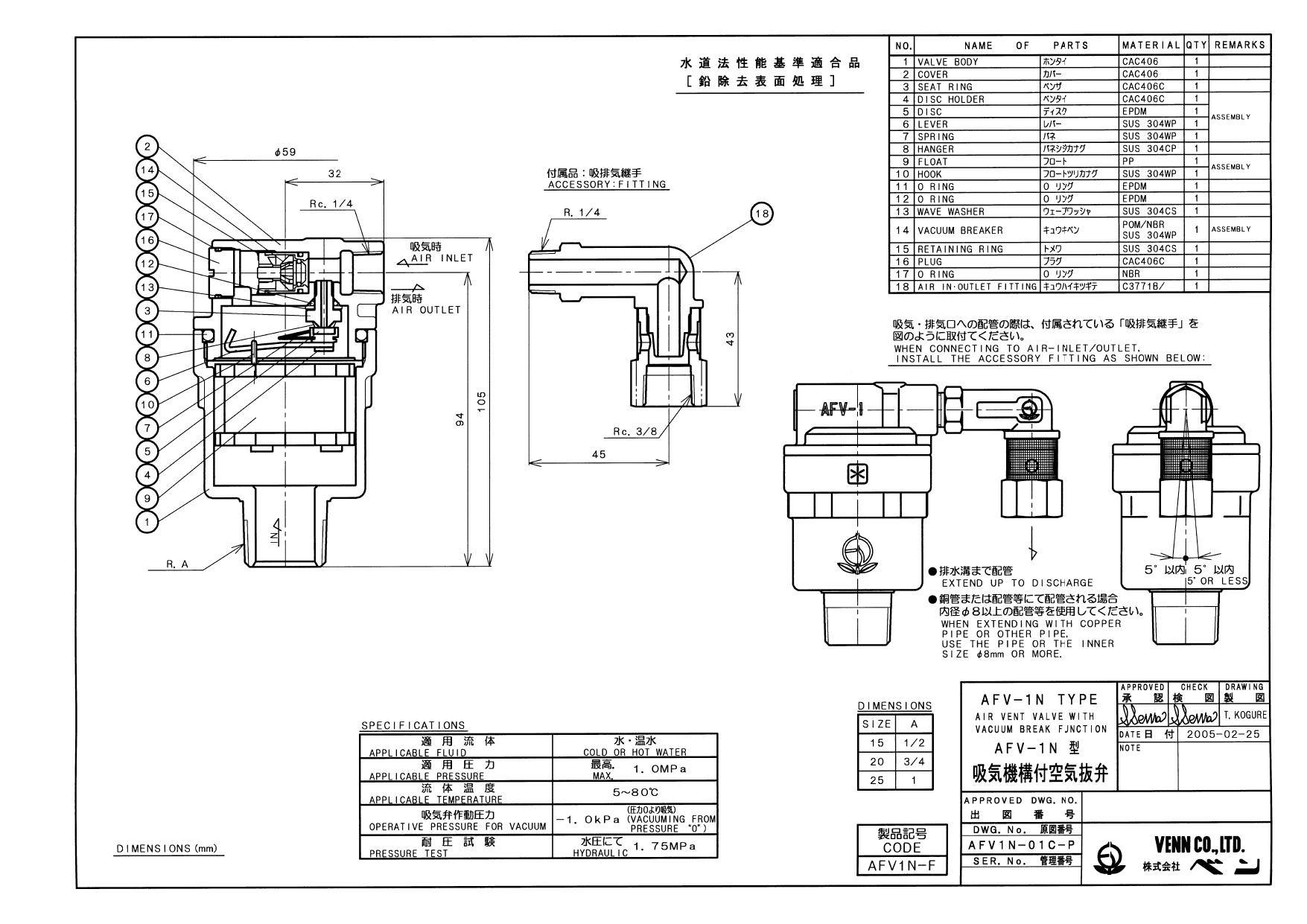 ベン AFV1N-F 20A AFV1N-F 新基準適合 青銅吸排気機構付空気抜弁 20A