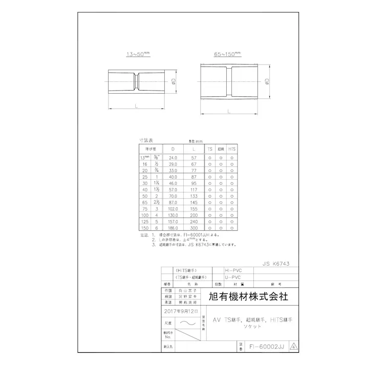 旭有機材 AV TS-ソケット 65 配管部材 TS継手 00000055985【別送品】