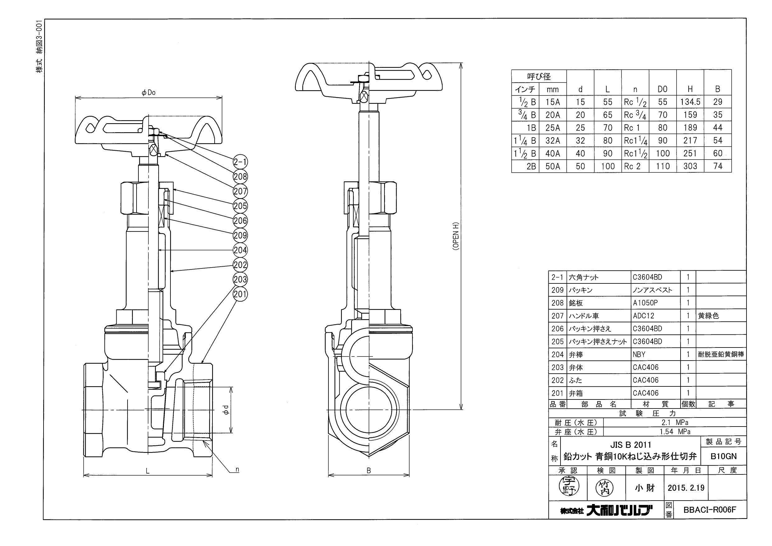 大和バルブ B10GN 40A B10GN 鉛カット 青銅ゲート弁【JIS10K】 40A 