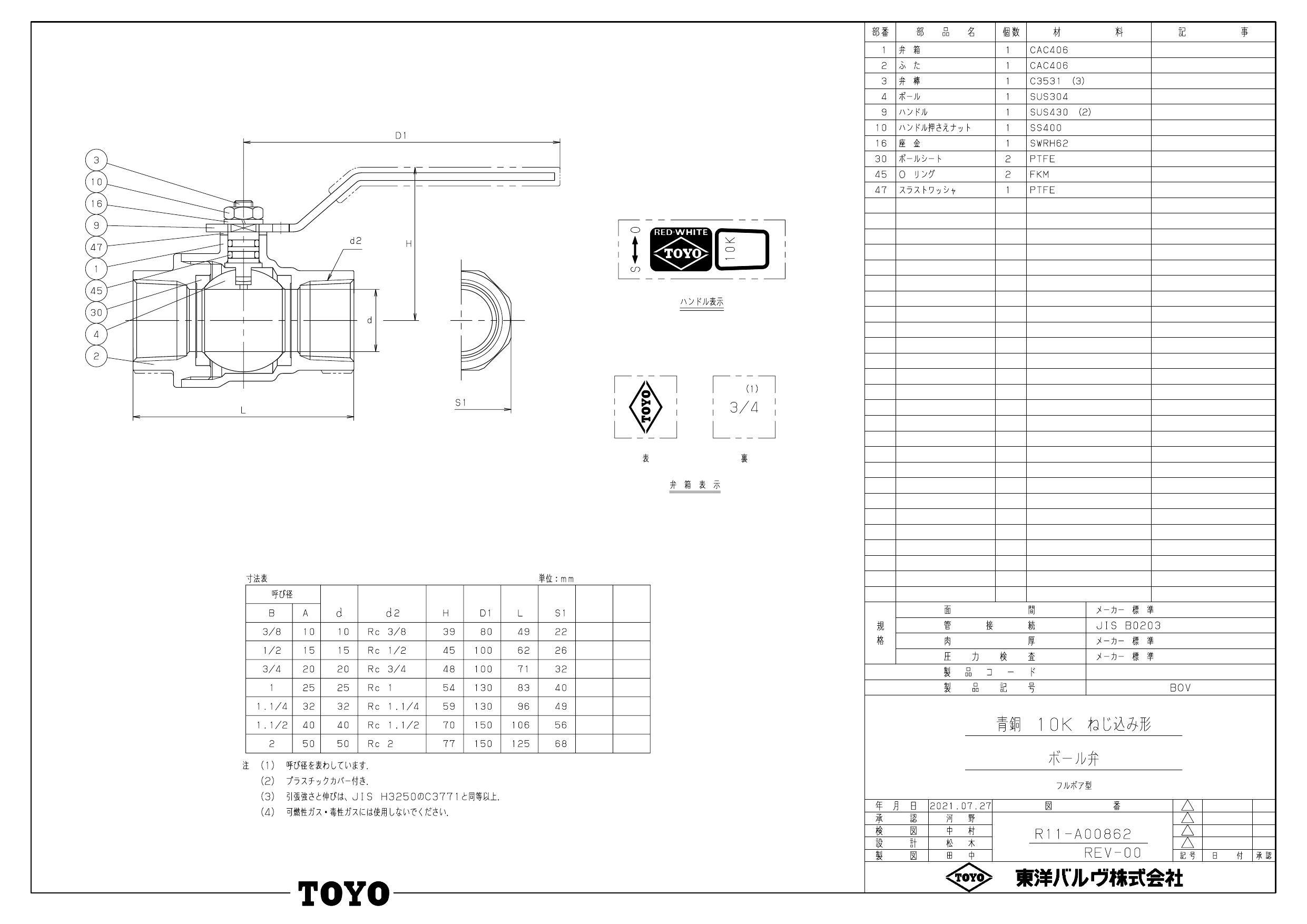 イシグロ 東洋バルヴ BOV 青銅フルボア10Kボール弁 25A 配管部材 青銅