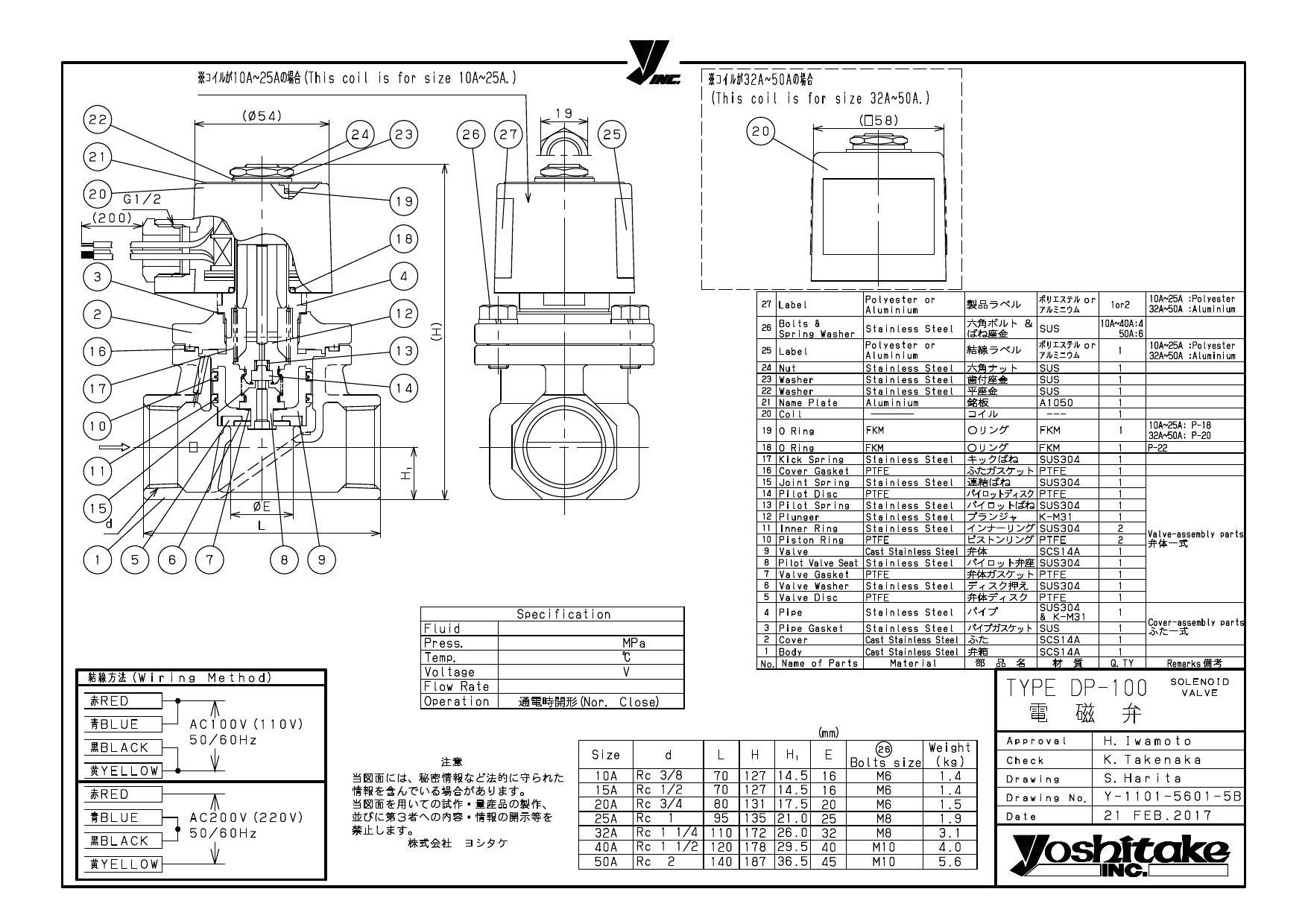 ヨシタケ DP-100 50A DP-100 レッドマン SCS14A電磁弁【ネジ込・通電開