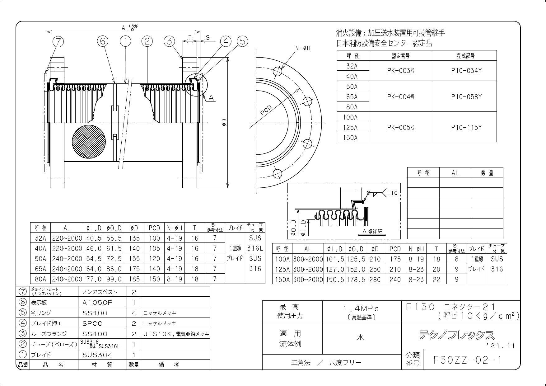 イシグロ テクノフレックス F130 消防認定品フレキ 10K 125AX500 配管