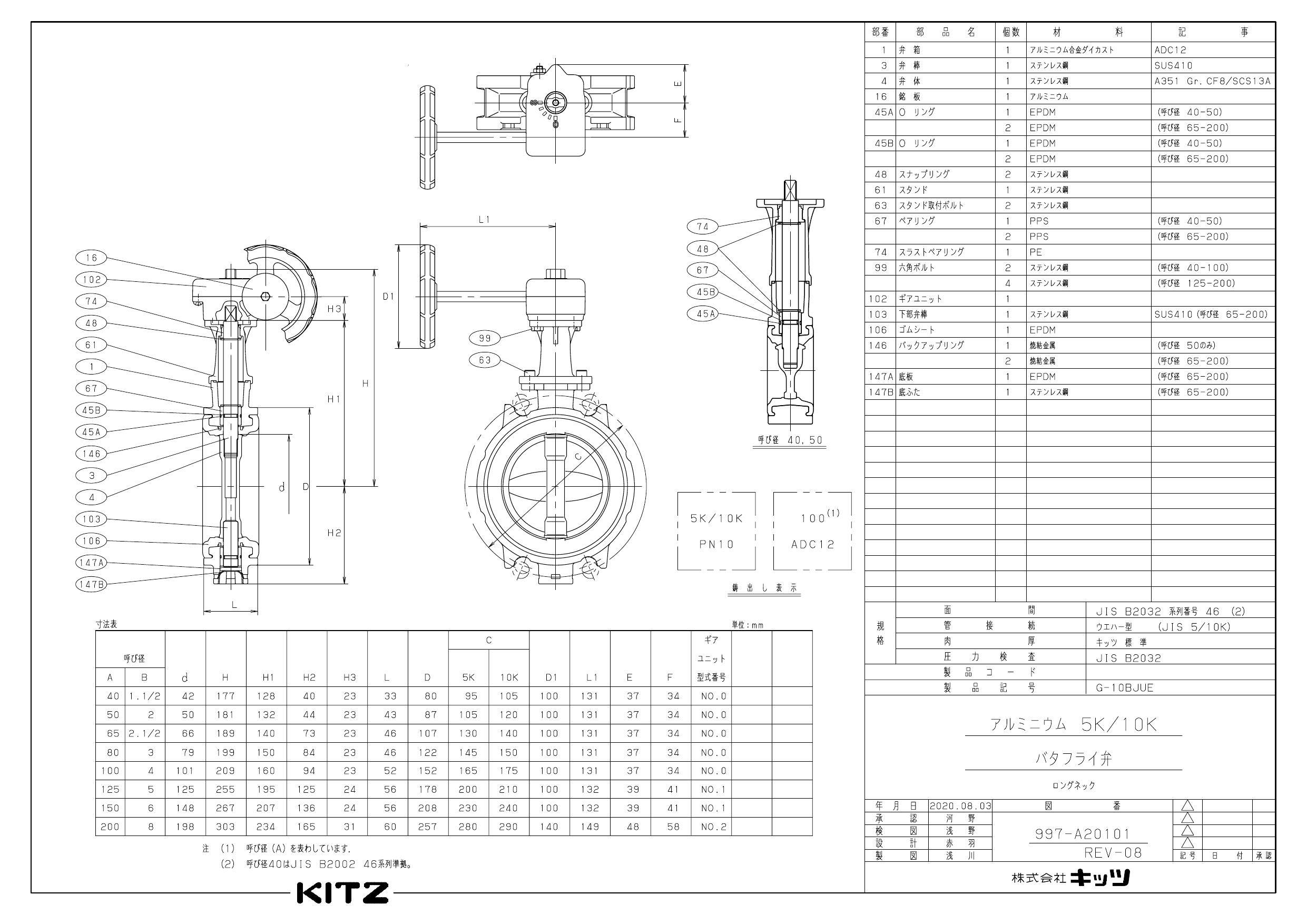 イシグロ キッツ G-10BJUE アルミバタ弁【ギア・ロングネック】 80A