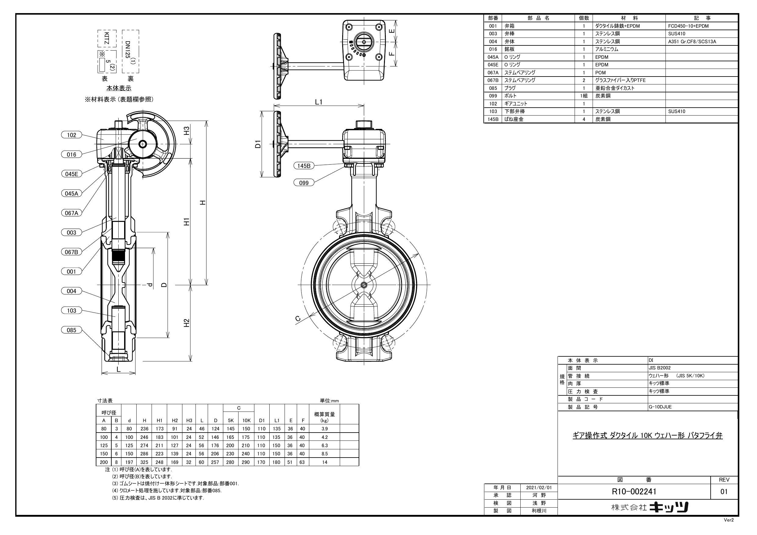 イシグロ キッツ G-10DJUE FCD弁体SCSバタ弁【ギア式・EPDM】 200A