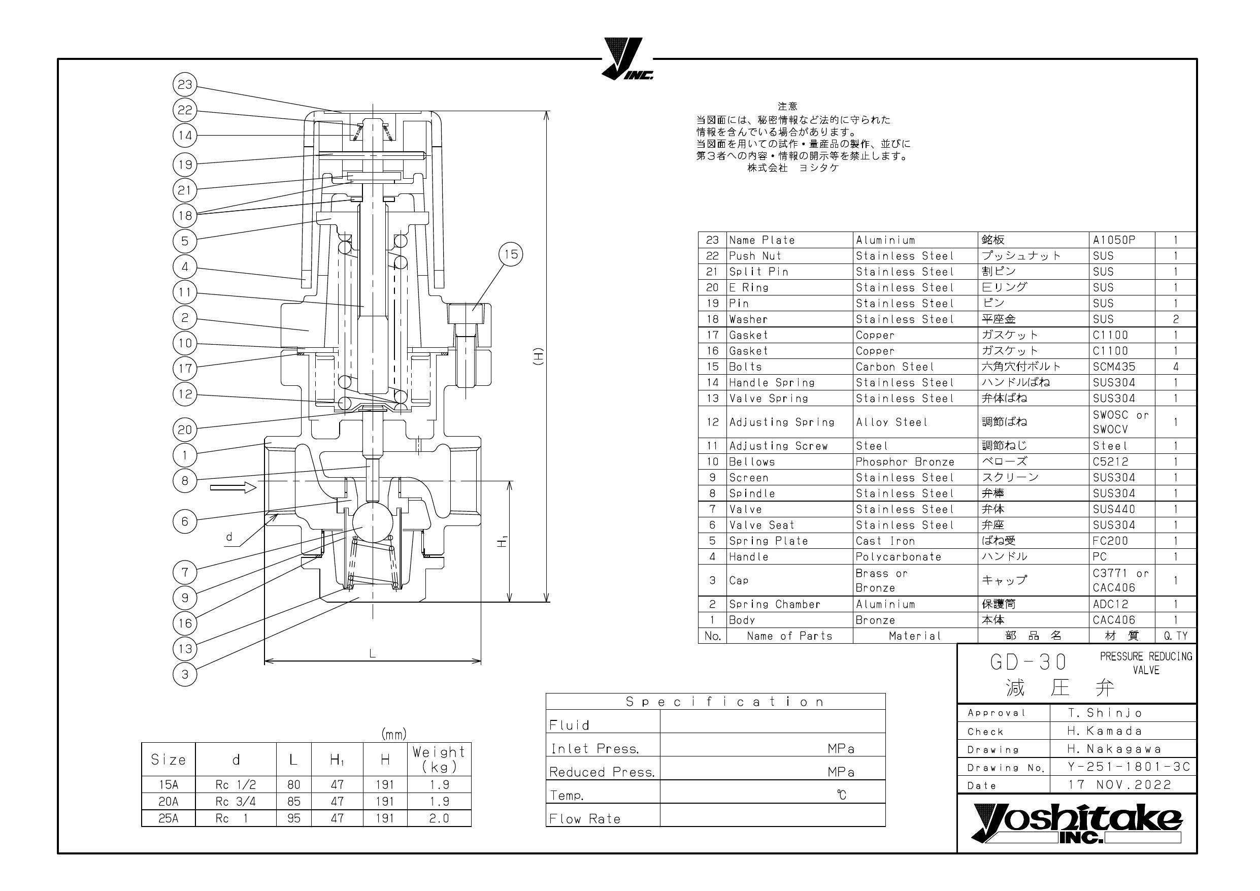 ヨシタケ GD-30 VALVEX CAC減圧弁(ネジ込・蒸気・0.05-0.4MPa) 25A-