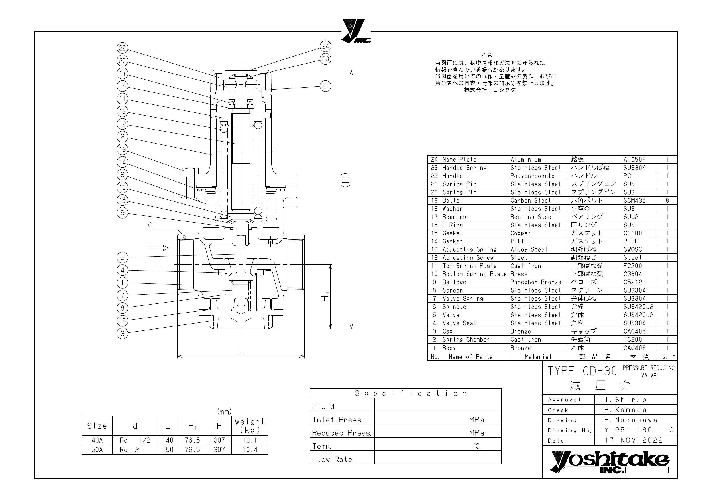 ヨシタケ GD-30 VALVEX CAC減圧弁(ネジ込・蒸気・0.05-0.4MPa) 25A-