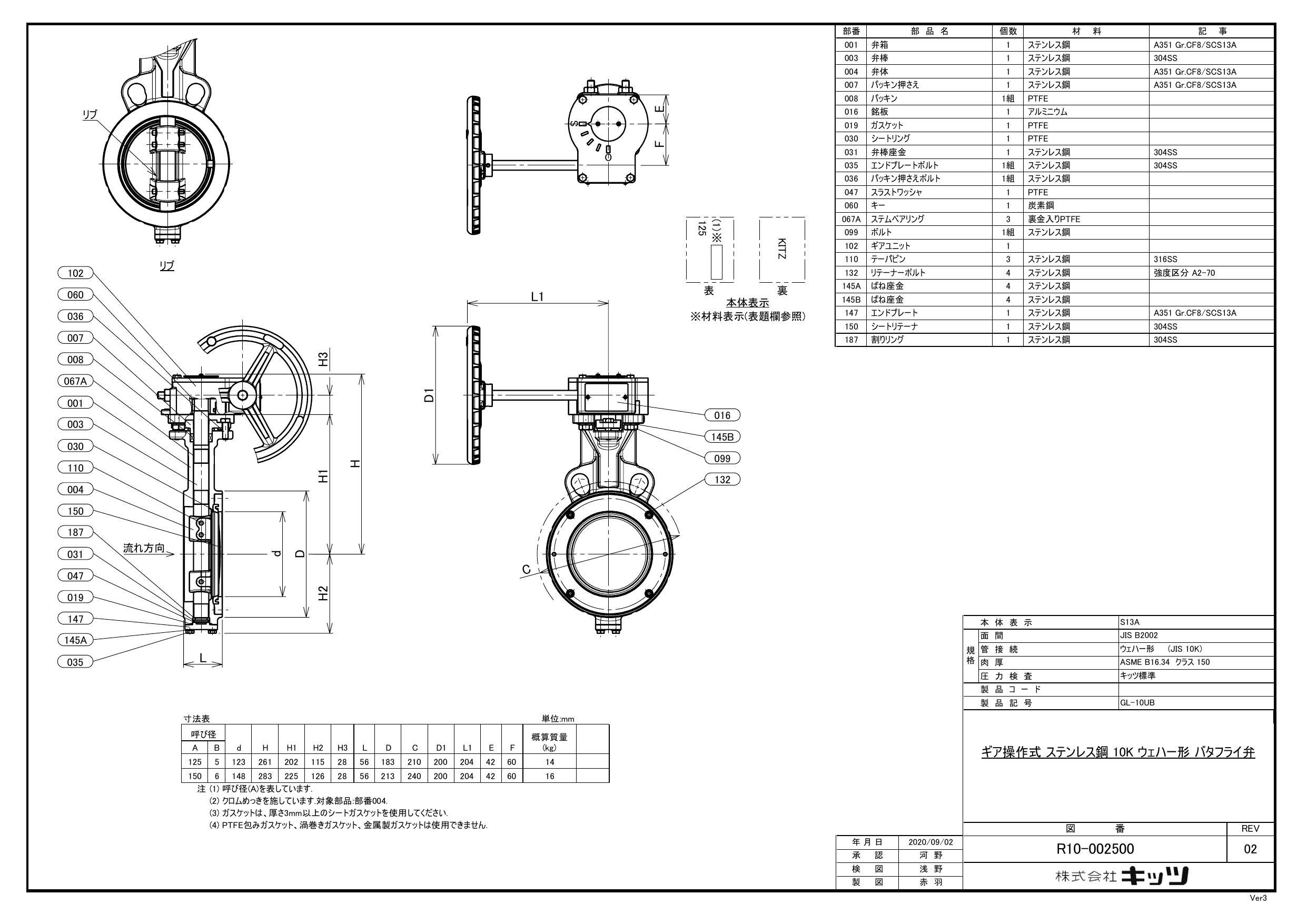 キッツ GL-10UB 150A GL-10UB SCS13弁体SCS13バタ弁【ギア式・PTFE】 150A 配管部材 SUS バタフライバルブ  UB・HB 00000119036(CDC)【別送品】 | 建築資材・木材 | ホームセンター通販【カインズ】