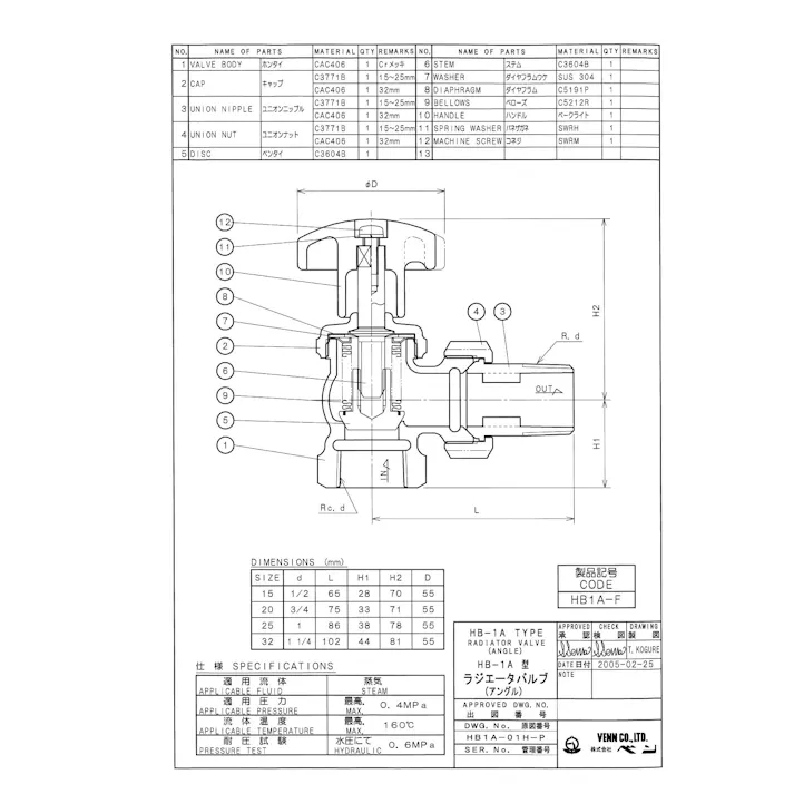 ベン HB1A-F 15A HB1A-F ラジエータバルブ【蒸気用・アングル形】 15A 配管部材 ラジエータバルブ/ファンコイルバルブ(標準) 00000128451【別送品】