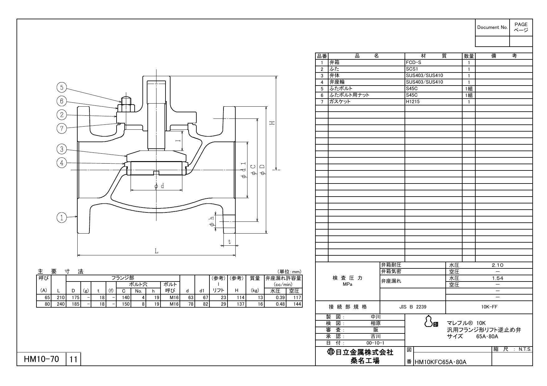 イシグロ 日立金属 HM10K FC マレブル汎用リフト逆止弁【フランジ】 80A 配管部材 プロテリアル FCMB 一般弁  00000131237【別送品】