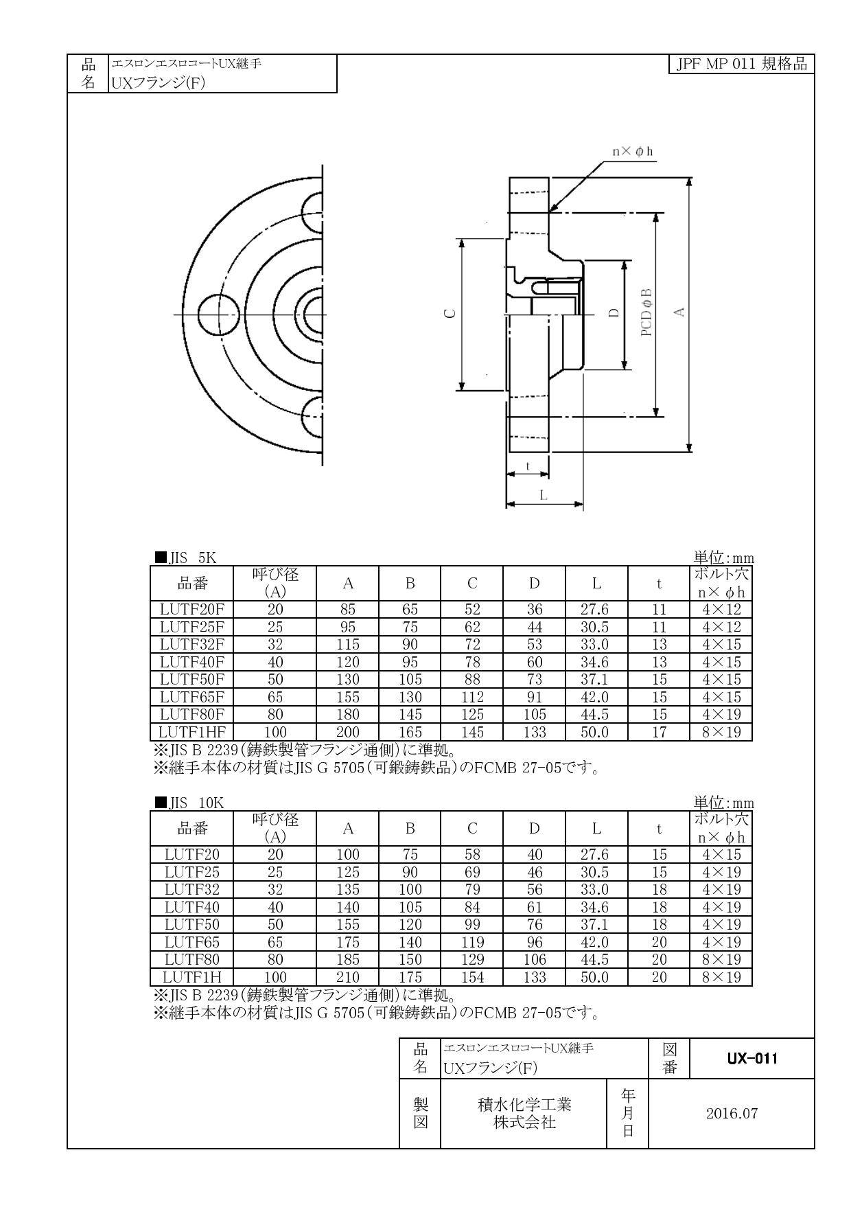 積水化学工業 セキスイ HTLP・UX継手 10K フランジ 50A 配管部材 HTLP