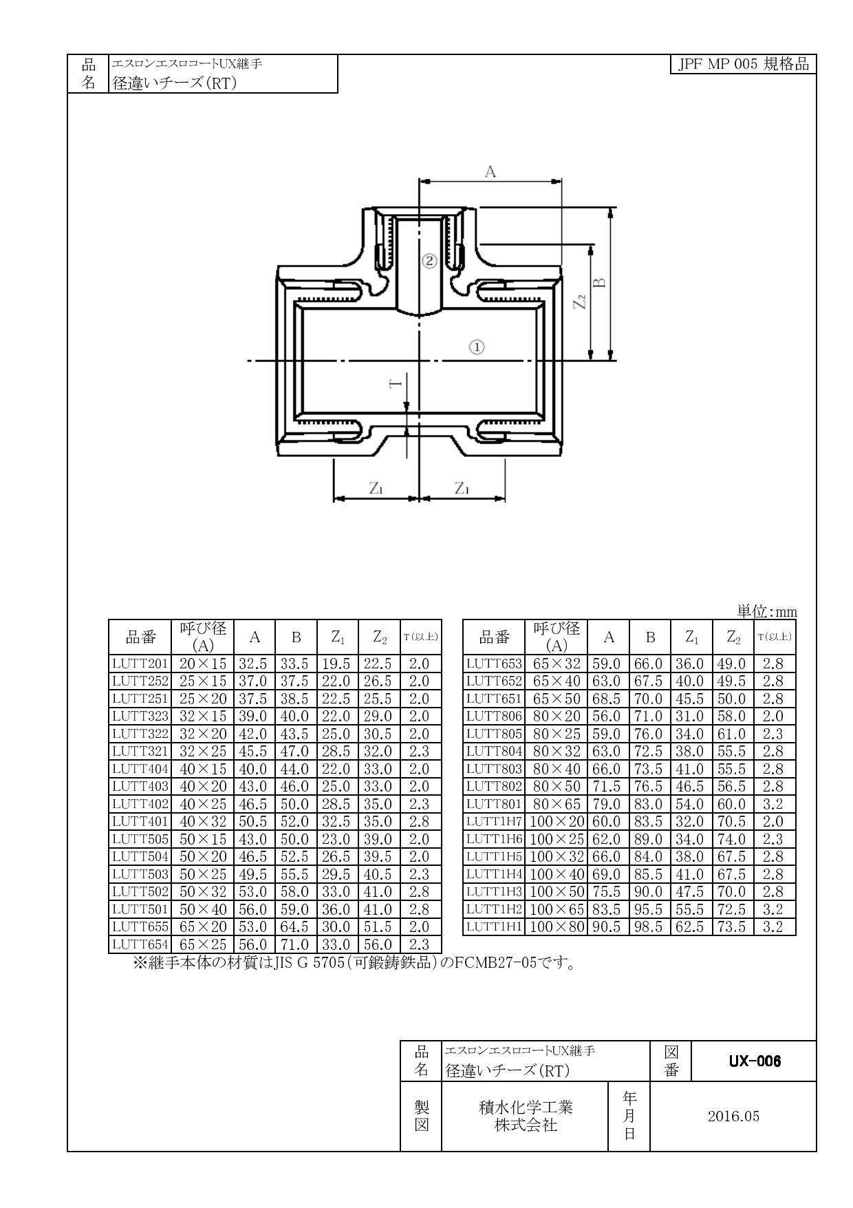 積水化学工業 セキスイ HTLP・UX継手 異径チーズ 50AX20A 配管